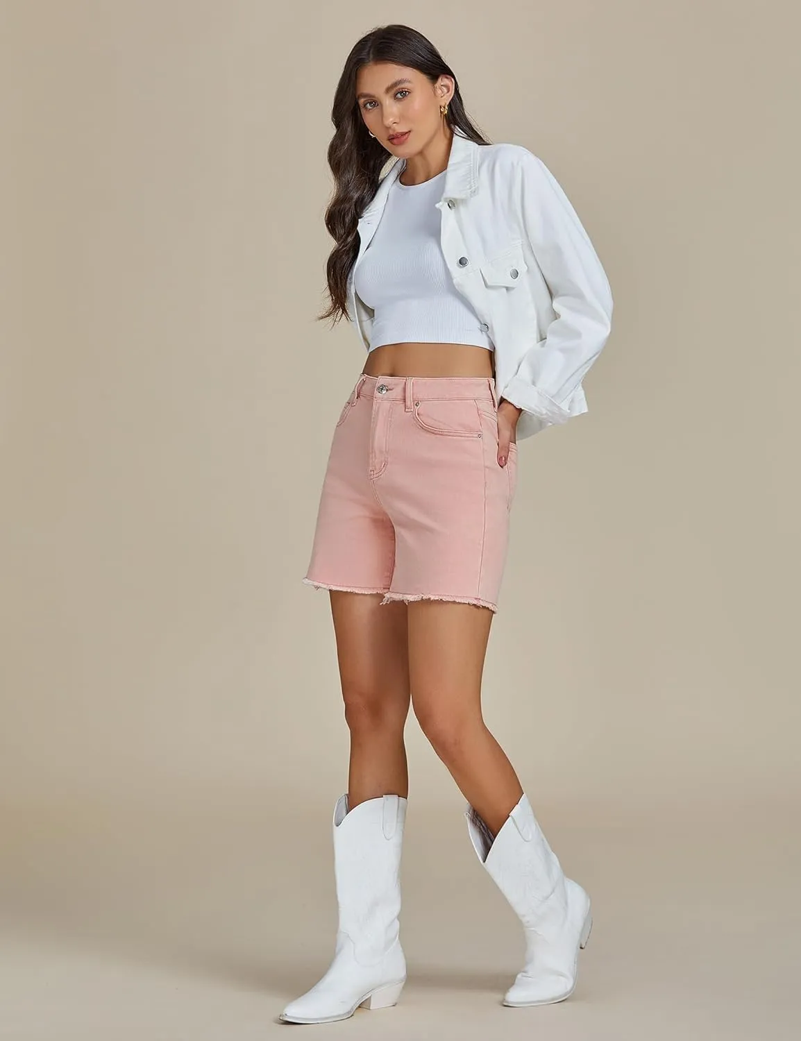 luvamia FleXclusive Jean Shorts for Women Trendy High Waisted Stretchy Denim Summer Raw Hem Mom Long Shorts Cutoff Jorts