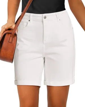 luvamia Jean Shorts for Women High Waisted Trendy Causal Summer Fold Hem Stretchy Long Denim Shorts 7 Inch Inseam