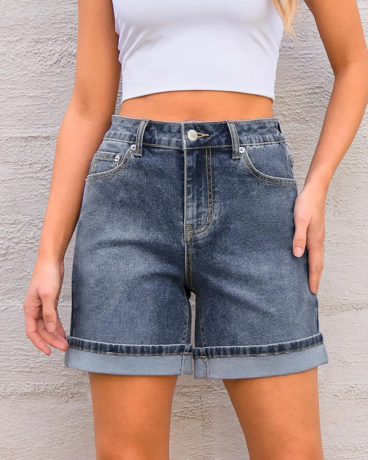 luvamia Jean Shorts for Women Trendy High Waisted Mid Thigh Fold Hem Cutoff Casual Summer Stretchy Denim Shorts Jorts
