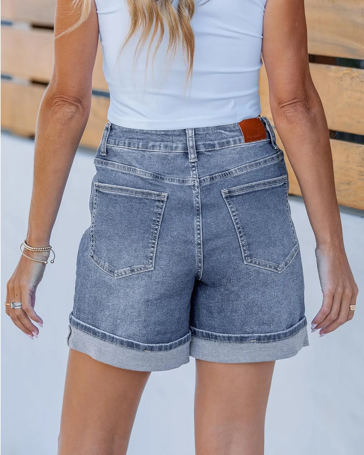 luvamia Jean Shorts for Women Trendy High Waisted Mid Thigh Fold Hem Cutoff Casual Summer Stretchy Denim Shorts Jorts