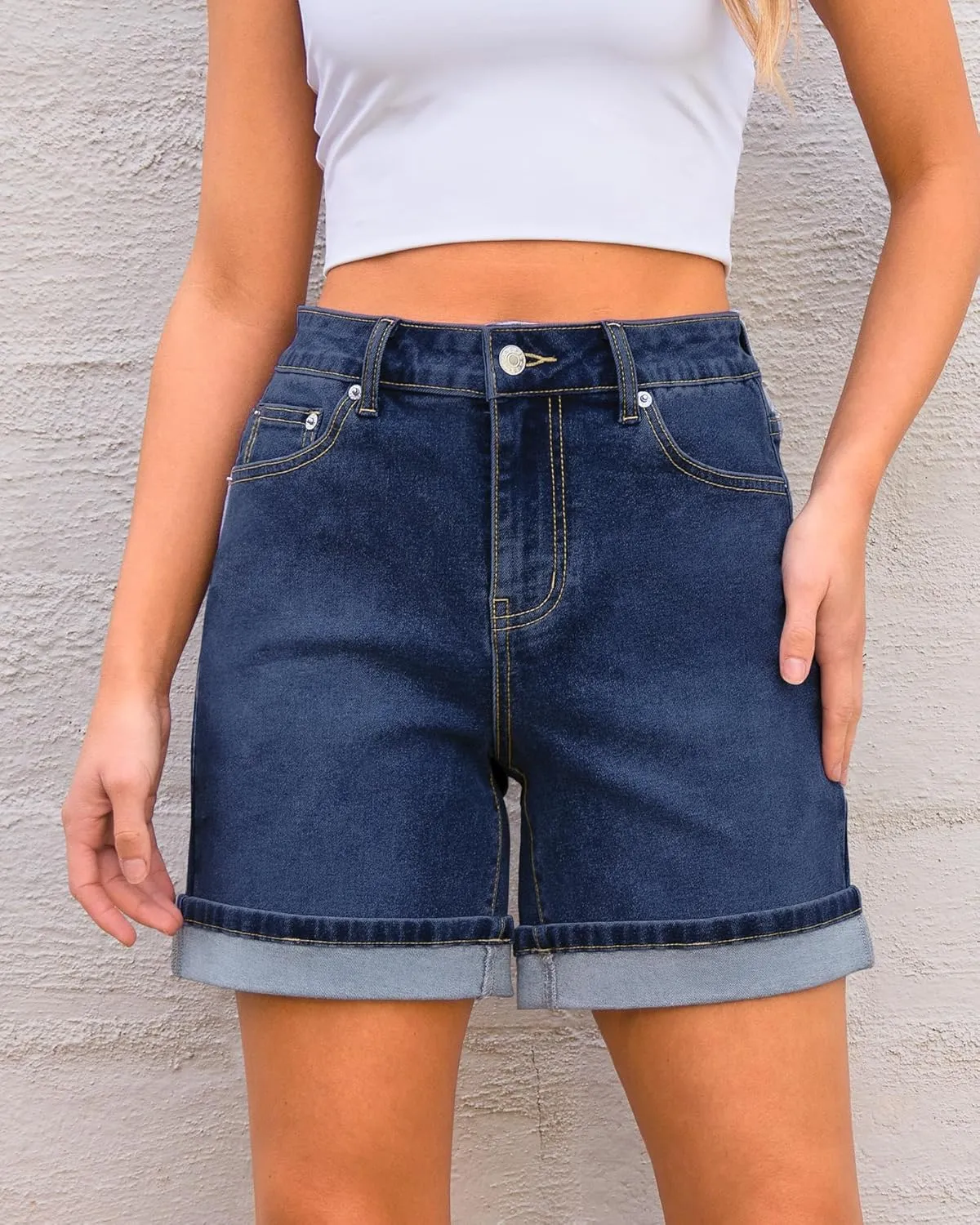 luvamia Jean Shorts for Women Trendy High Waisted Mid Thigh Fold Hem Cutoff Casual Summer Stretchy Denim Shorts Jorts