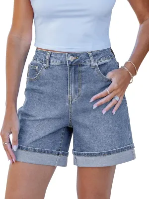 luvamia Jean Shorts for Women Trendy High Waisted Mid Thigh Fold Hem Cutoff Casual Summer Stretchy Denim Shorts Jorts