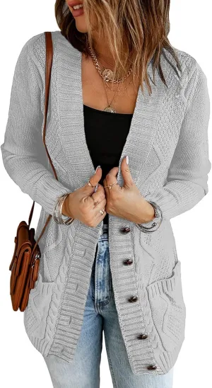 luvamia Womens Long Sleeve Open Front Buttons Cable Knit Pocket Sweater Cardigan