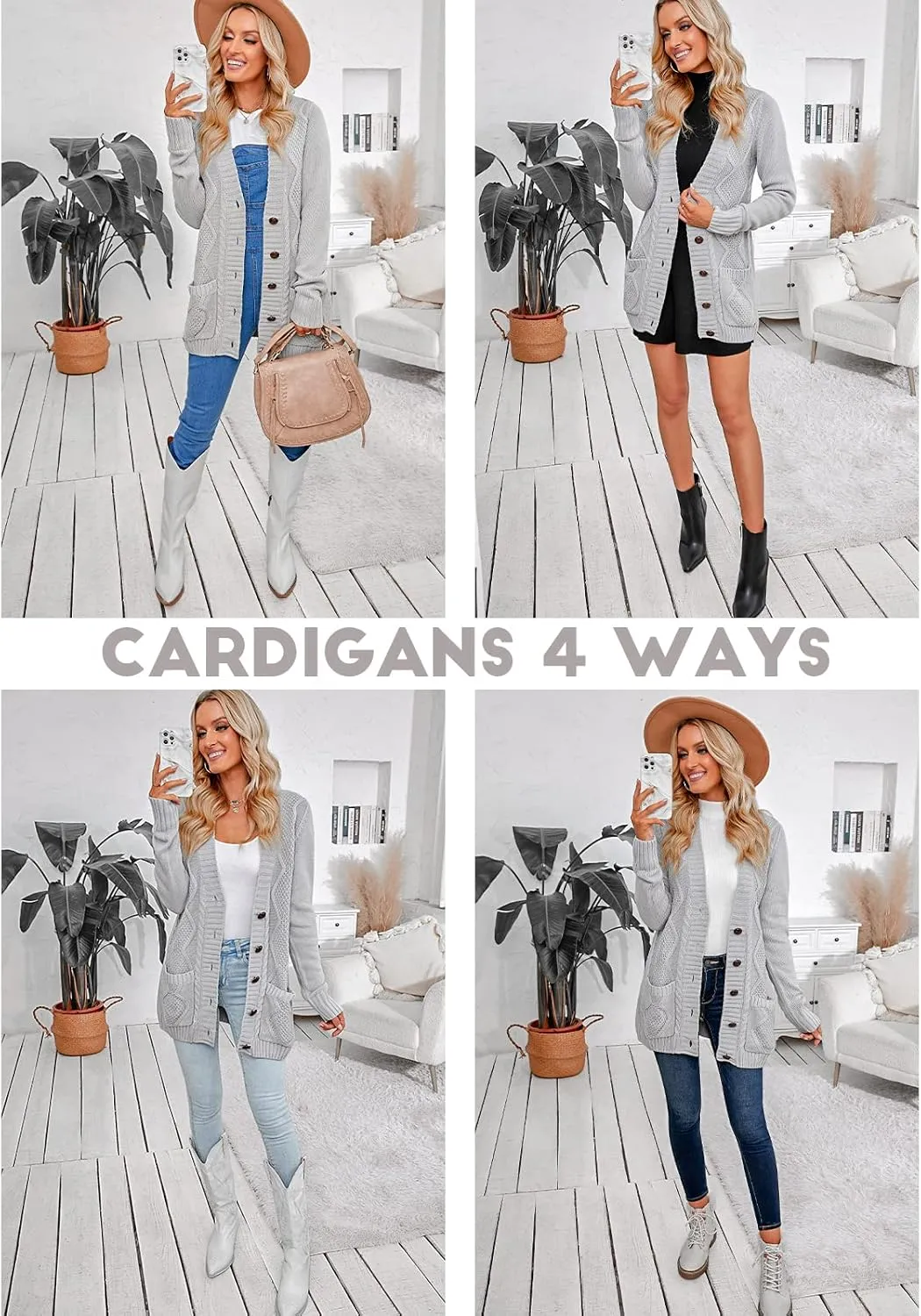 luvamia Womens Long Sleeve Open Front Buttons Cable Knit Pocket Sweater Cardigan