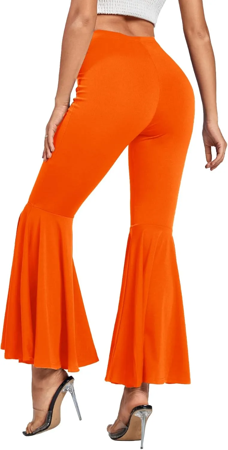 LYANER Women's Casual High Waist Ruffle Flare Pants Wide Leg Solid Stretchy Bell Bottom