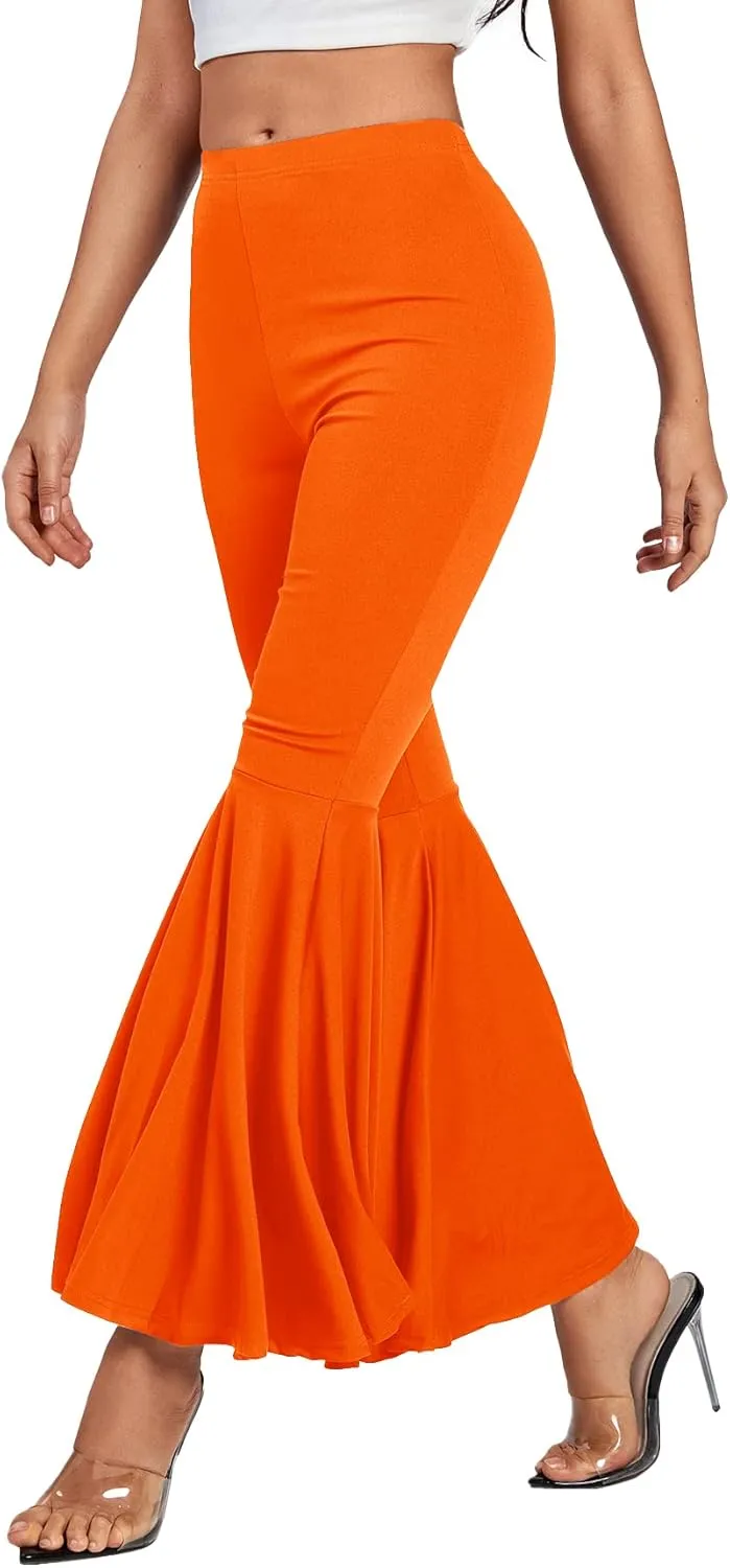 LYANER Women's Casual High Waist Ruffle Flare Pants Wide Leg Solid Stretchy Bell Bottom