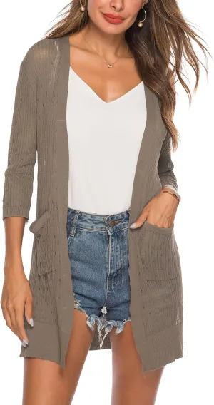 LYHNMW Women's Cardigan Casual 3/4 Sleeve or Long Sleeve Lightweight Open Front Long Knited Cardigan with Pocket