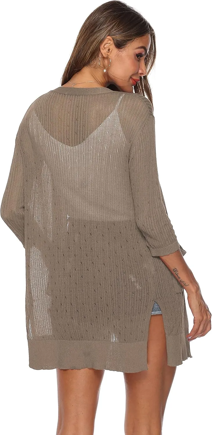 LYHNMW Women's Cardigan Casual 3/4 Sleeve or Long Sleeve Lightweight Open Front Long Knited Cardigan with Pocket