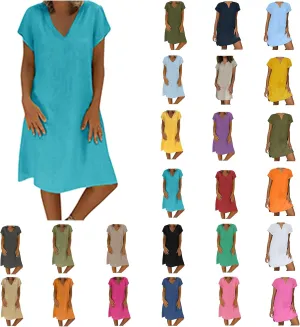maisdgop Dresses for Women 2024 Casual Summer T Shirt Dress Loose V-Neck Solid Color Basic Dresses Short Sleeve Tunic Dress