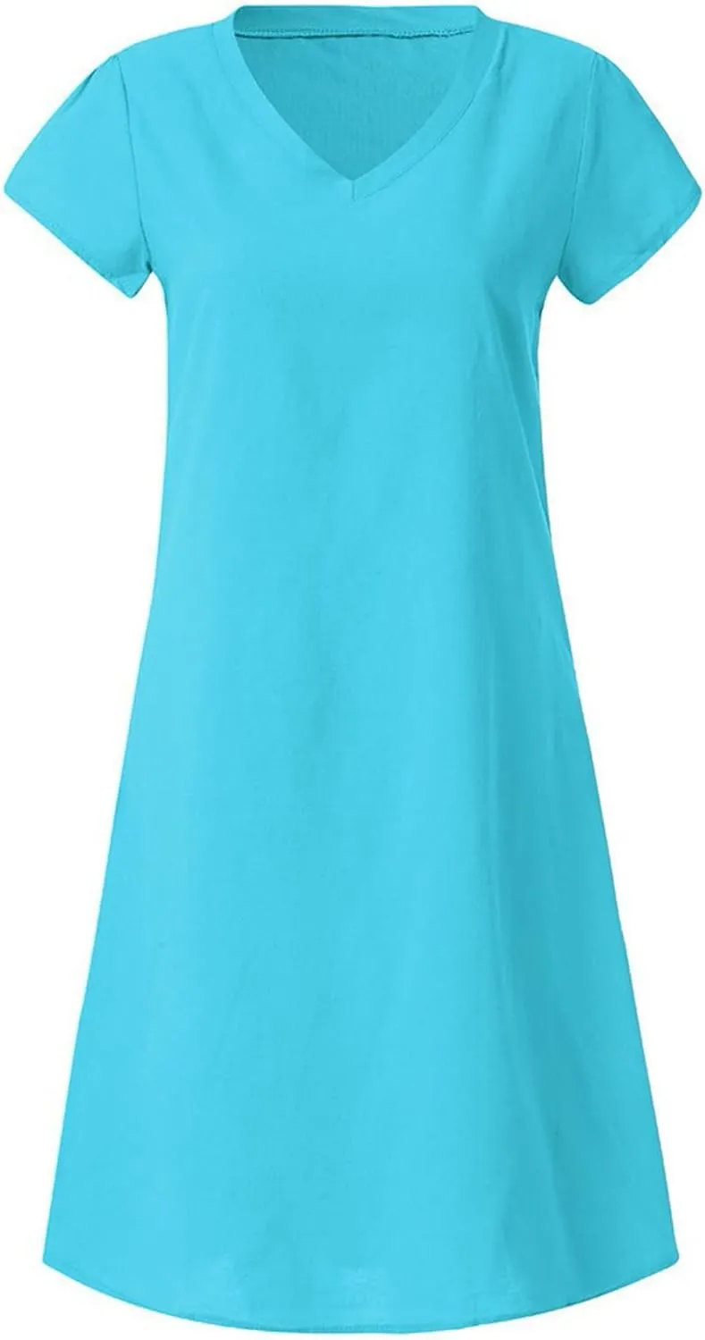 maisdgop Dresses for Women 2024 Casual Summer T Shirt Dress Loose V-Neck Solid Color Basic Dresses Short Sleeve Tunic Dress