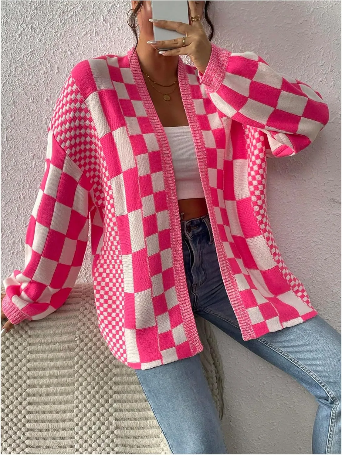 MakeMeChic Women's Checkered Cardigan Sweater Long Sleeve Open Front Oversized Cardigans