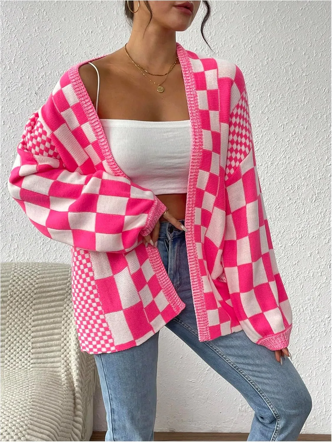 MakeMeChic Women's Checkered Cardigan Sweater Long Sleeve Open Front Oversized Cardigans
