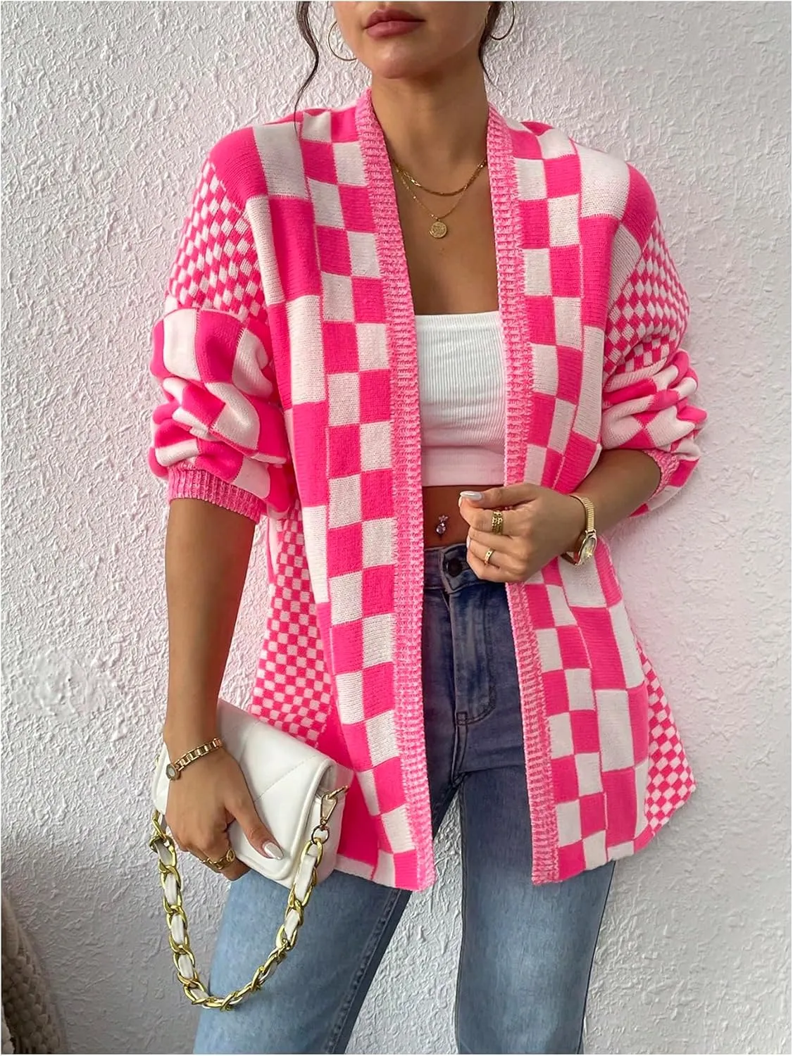 MakeMeChic Women's Checkered Cardigan Sweater Long Sleeve Open Front Oversized Cardigans