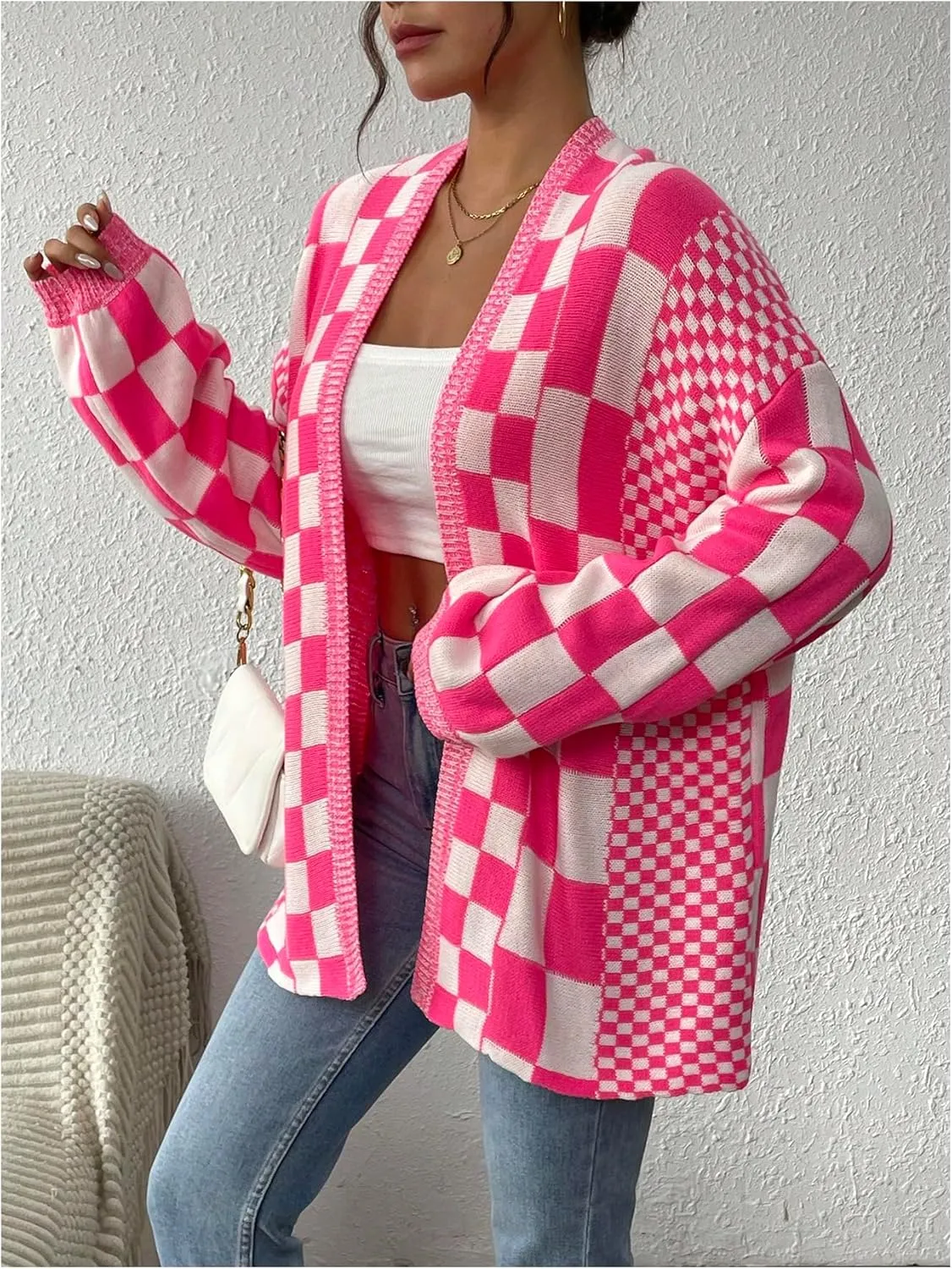 MakeMeChic Women's Checkered Cardigan Sweater Long Sleeve Open Front Oversized Cardigans