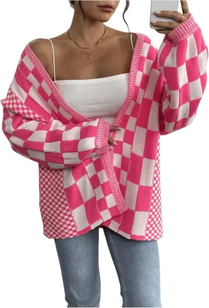 MakeMeChic Women's Checkered Cardigan Sweater Long Sleeve Open Front Oversized Cardigans