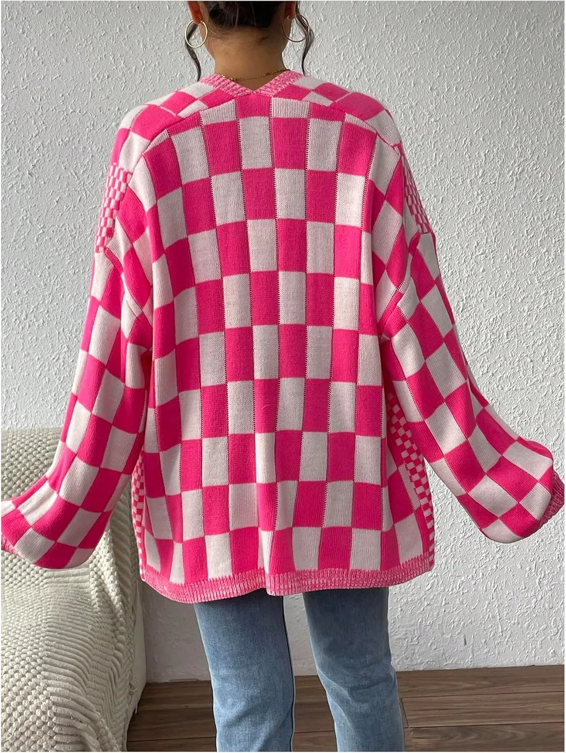 MakeMeChic Women's Checkered Cardigan Sweater Long Sleeve Open Front Oversized Cardigans