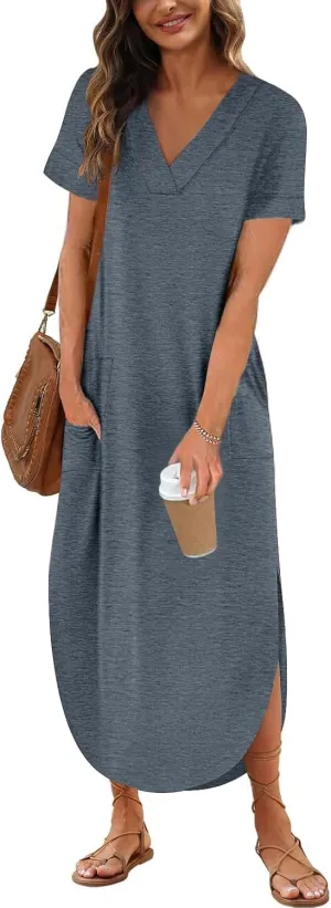Maxi Dress for Women Short Sleeve Split Long Tshirt Dress Casual Summer Loose V Neck Sundress with Pockets