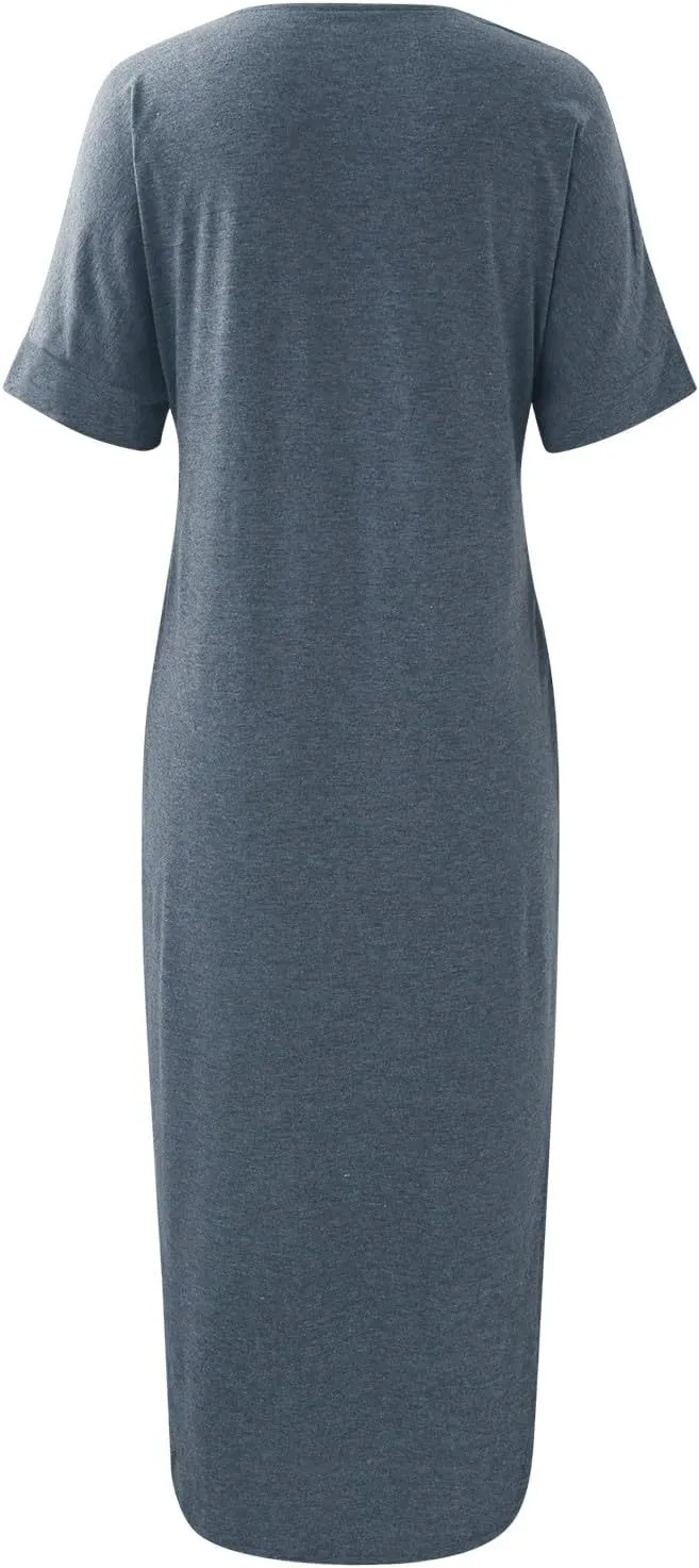 Maxi Dress for Women Short Sleeve Split Long Tshirt Dress Casual Summer Loose V Neck Sundress with Pockets
