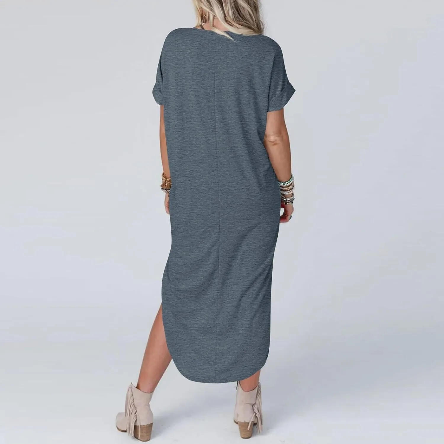 Maxi Dress for Women Short Sleeve Split Long Tshirt Dress Casual Summer Loose V Neck Sundress with Pockets