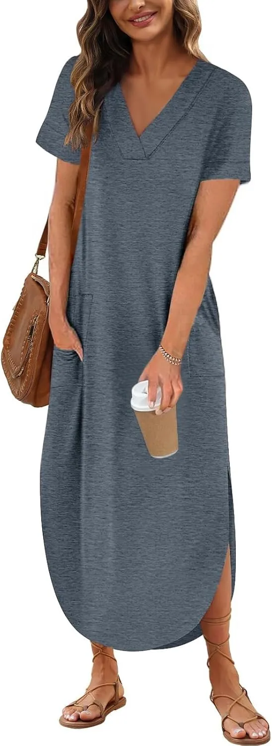 Maxi Dress for Women Short Sleeve Split Long Tshirt Dress Casual Summer Loose V Neck Sundress with Pockets