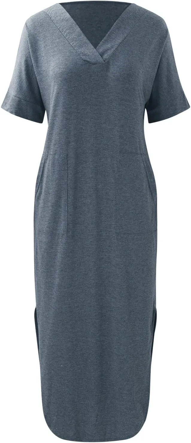 Maxi Dress for Women Short Sleeve Split Long Tshirt Dress Casual Summer Loose V Neck Sundress with Pockets