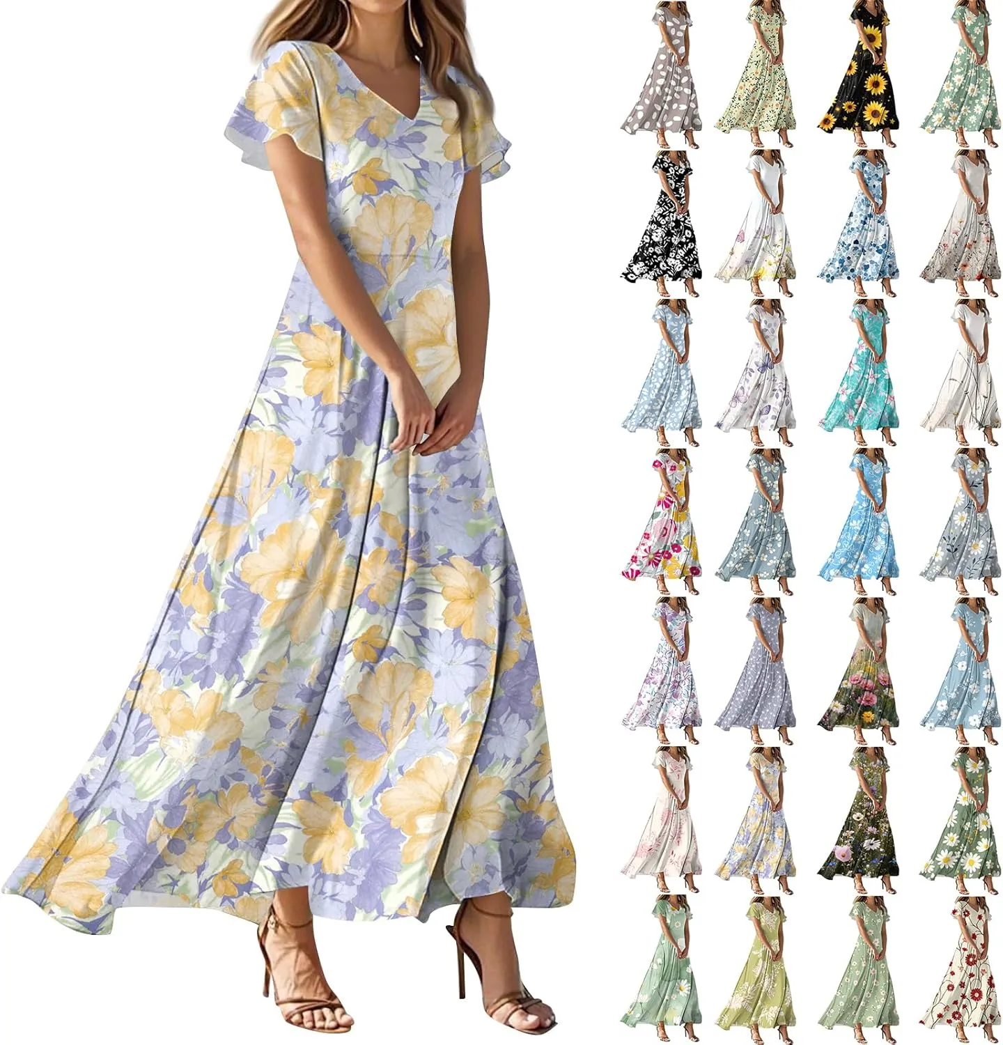 Maxi Dresses for Women 2025 Summer Ruffle Short Sleeve Floral Dress Flowy V Neck Chiffon Maxi Dress Printed Dresses