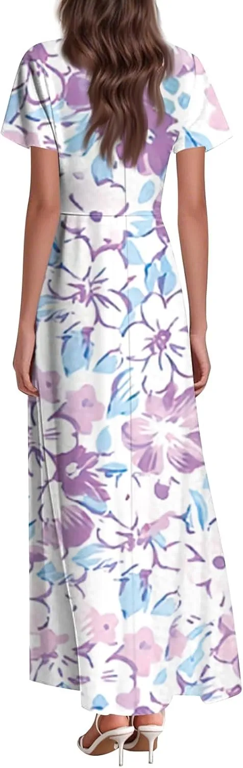 Maxi Dresses for Women 2025 Summer Ruffle Short Sleeve Floral Dress Flowy V Neck Chiffon Maxi Dress Printed Dresses