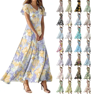 Maxi Dresses for Women 2025 Summer Ruffle Short Sleeve Floral Dress Flowy V Neck Chiffon Maxi Dress Printed Dresses