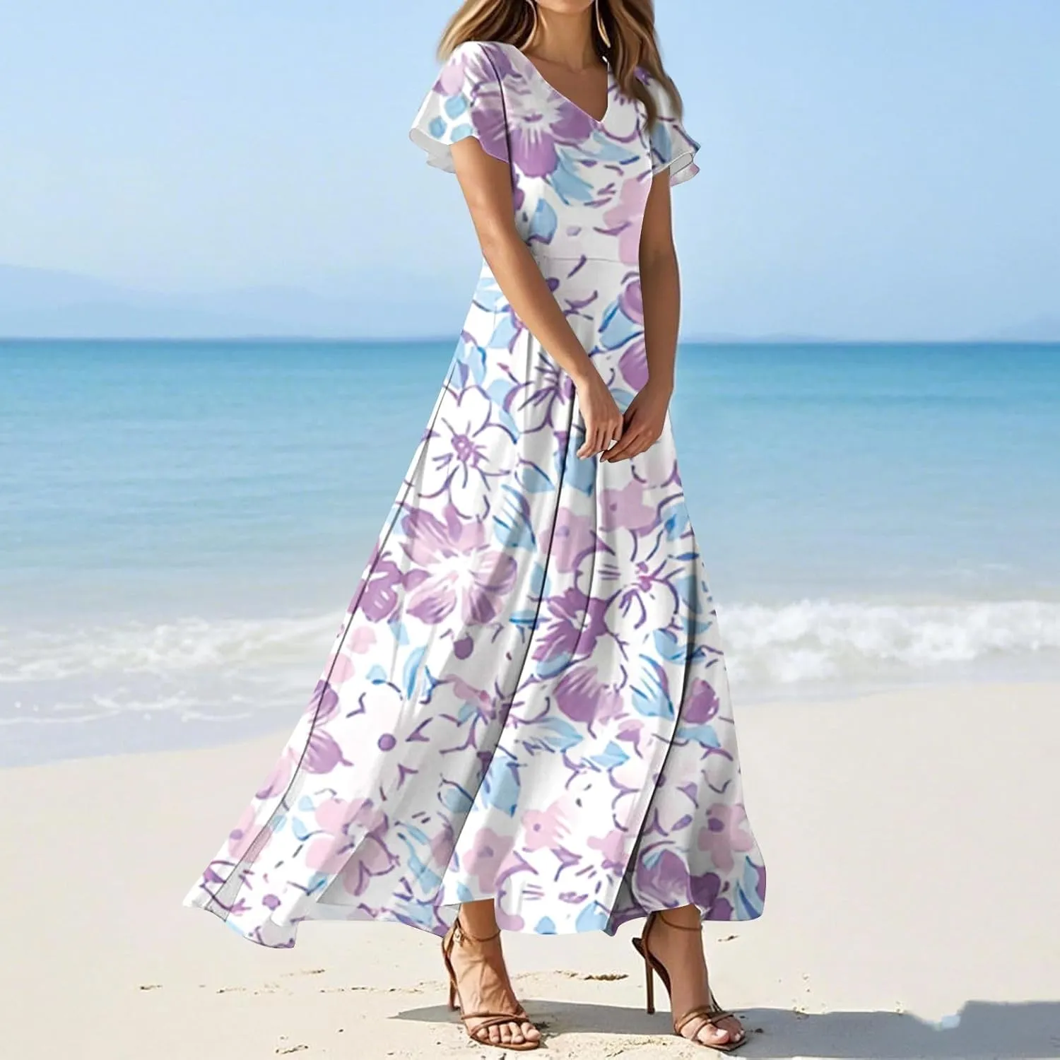 Maxi Dresses for Women 2025 Summer Ruffle Short Sleeve Floral Dress Flowy V Neck Chiffon Maxi Dress Printed Dresses