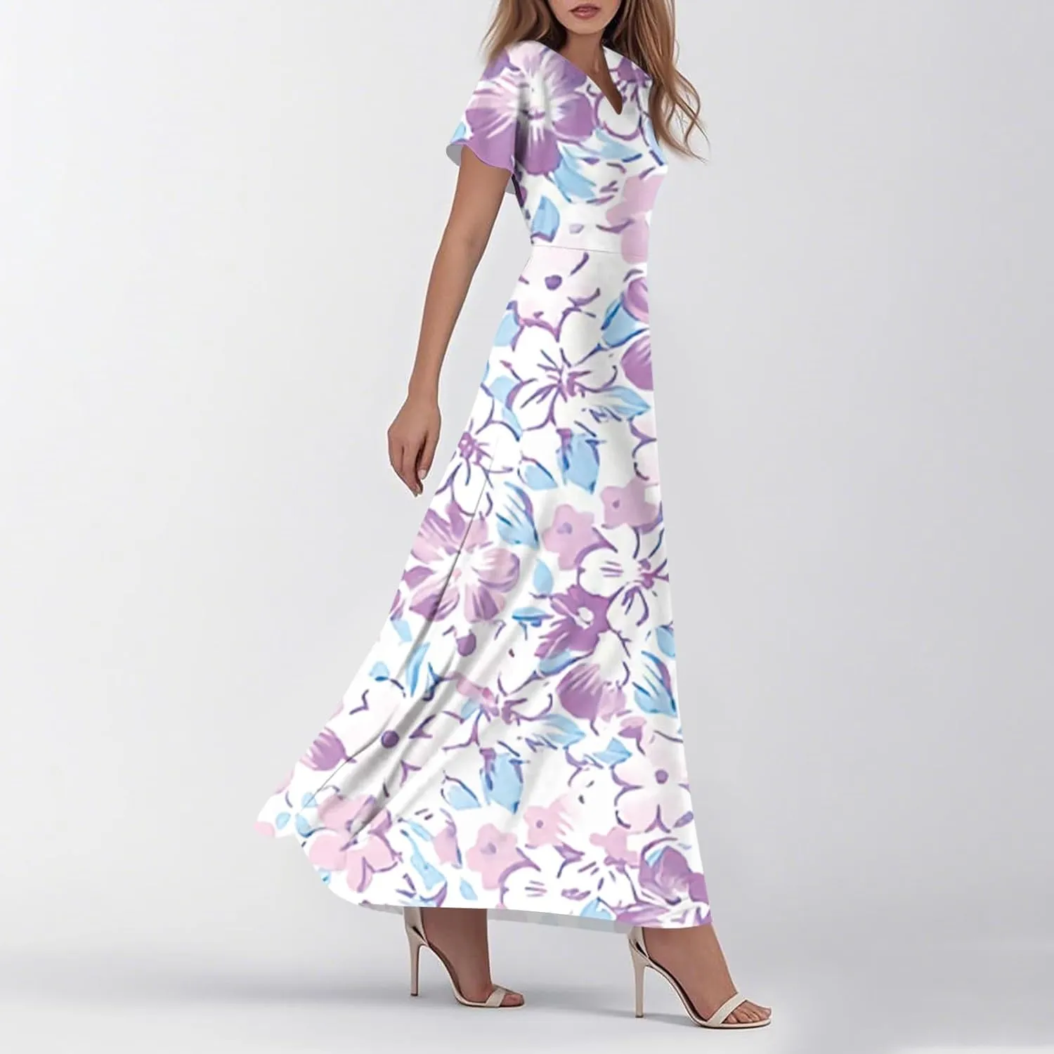 Maxi Dresses for Women 2025 Summer Ruffle Short Sleeve Floral Dress Flowy V Neck Chiffon Maxi Dress Printed Dresses