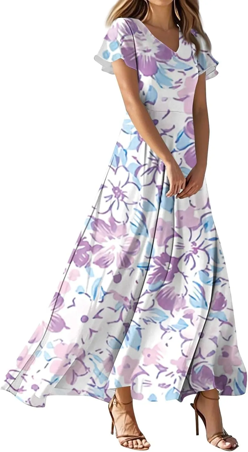 Maxi Dresses for Women 2025 Summer Ruffle Short Sleeve Floral Dress Flowy V Neck Chiffon Maxi Dress Printed Dresses
