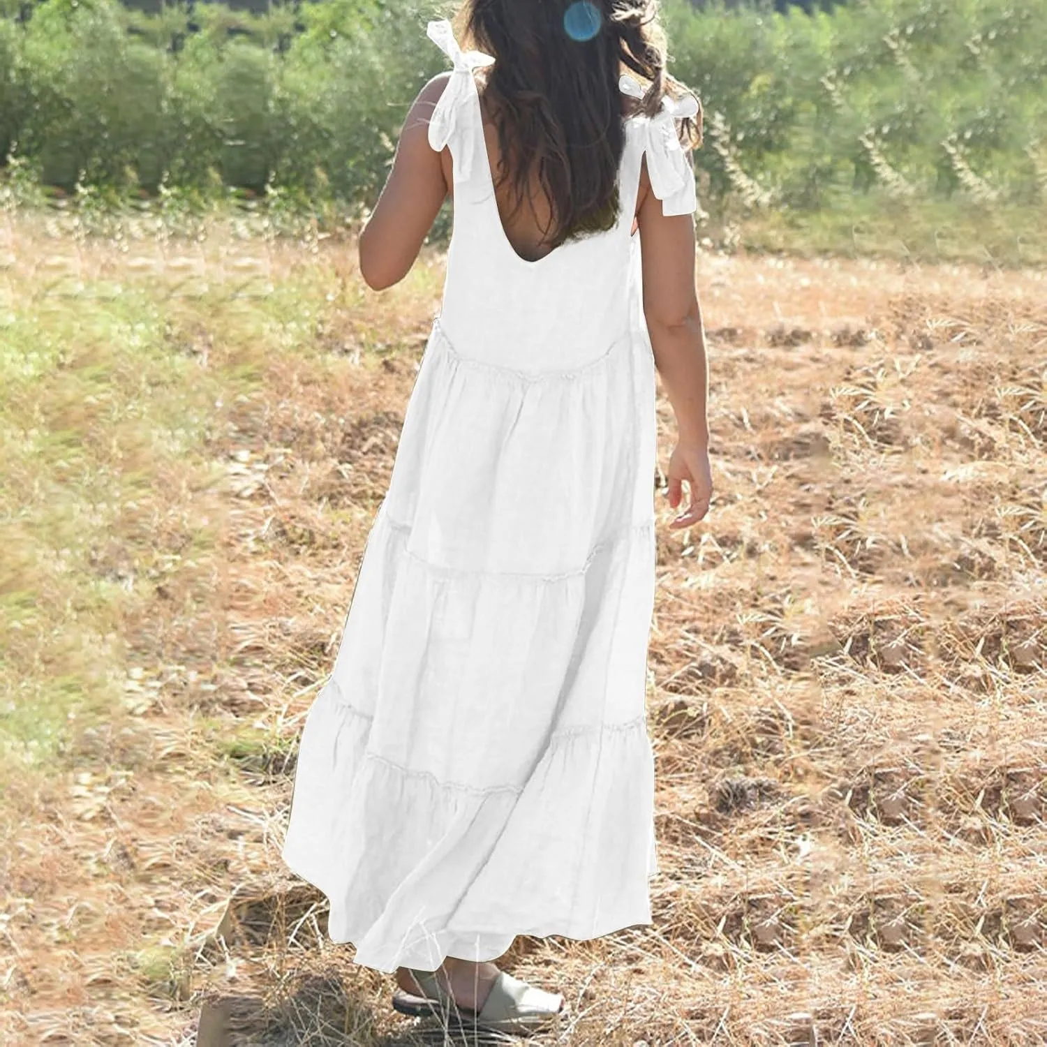Maxi Linen Tiered Dresses for Women Plus Size V Neck Tie Shoulder Ruffle Flowy Swing Sundress Sleeveless Sundress