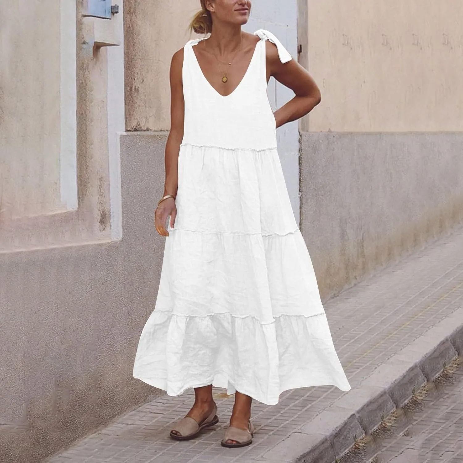 Maxi Linen Tiered Dresses for Women Plus Size V Neck Tie Shoulder Ruffle Flowy Swing Sundress Sleeveless Sundress