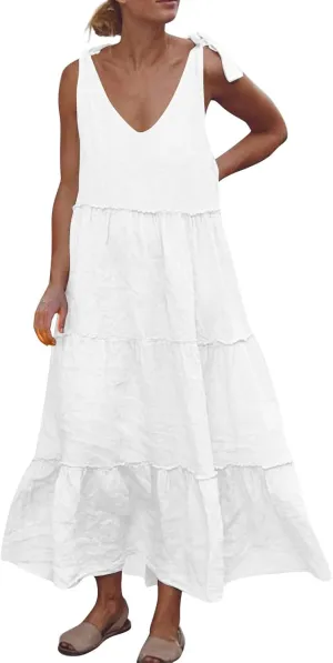 Maxi Linen Tiered Dresses for Women Plus Size V Neck Tie Shoulder Ruffle Flowy Swing Sundress Sleeveless Sundress