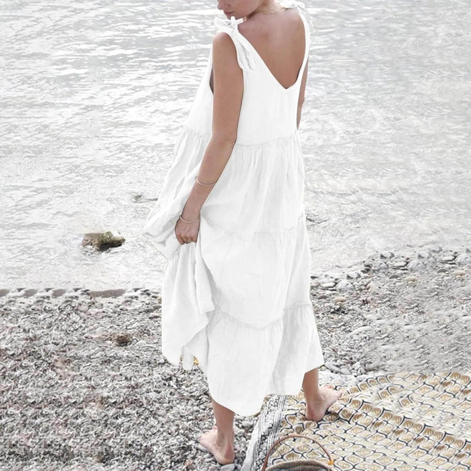 Maxi Linen Tiered Dresses for Women Plus Size V Neck Tie Shoulder Ruffle Flowy Swing Sundress Sleeveless Sundress