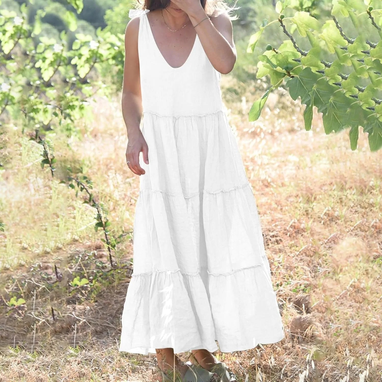 Maxi Linen Tiered Dresses for Women Plus Size V Neck Tie Shoulder Ruffle Flowy Swing Sundress Sleeveless Sundress
