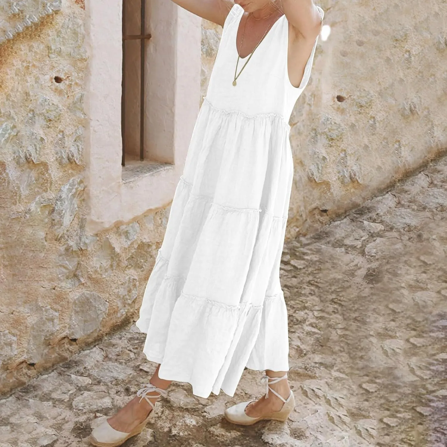 Maxi Linen Tiered Dresses for Women Plus Size V Neck Tie Shoulder Ruffle Flowy Swing Sundress Sleeveless Sundress