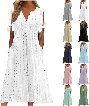 Maxi Long Dresses for Women 2025 Vacation Casual Short Sleeve Eyelet Tshirt Dress Summer Beach Travel Sundress Trendy
