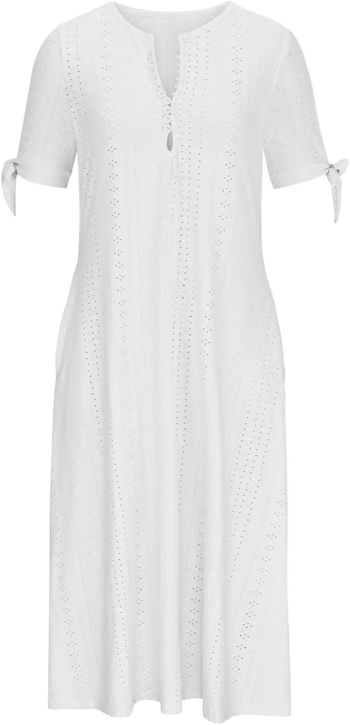Maxi Long Dresses for Women 2025 Vacation Casual Short Sleeve Eyelet Tshirt Dress Summer Beach Travel Sundress Trendy