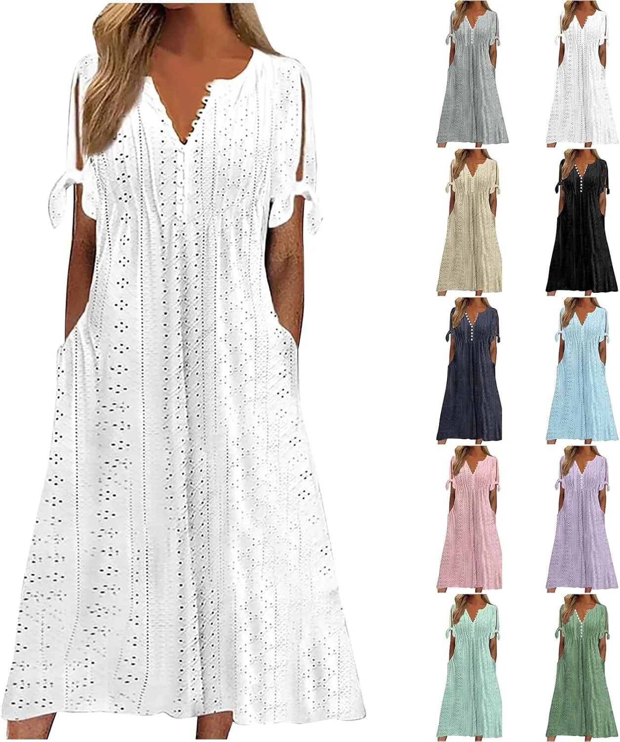 Maxi Long Dresses for Women 2025 Vacation Casual Short Sleeve Eyelet Tshirt Dress Summer Beach Travel Sundress Trendy