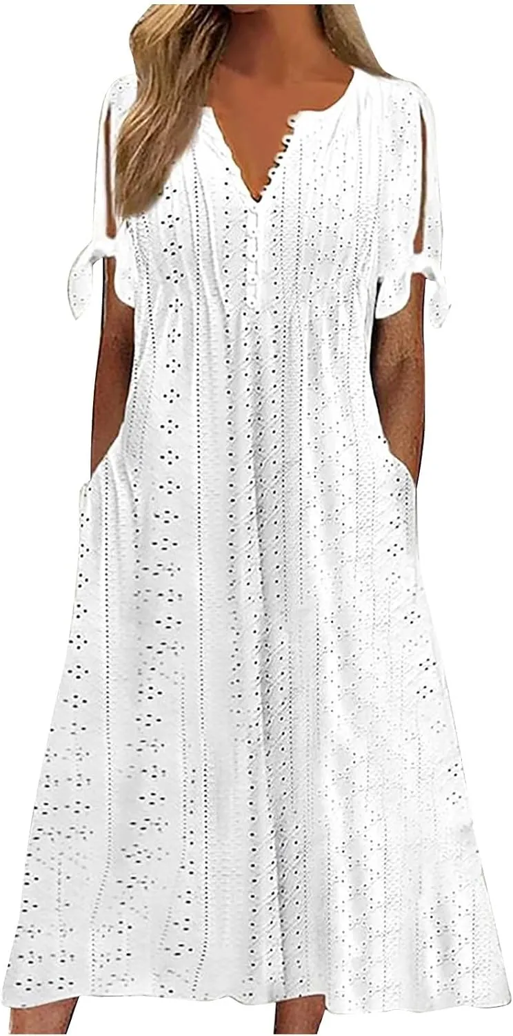 Maxi Long Dresses for Women 2025 Vacation Casual Short Sleeve Eyelet Tshirt Dress Summer Beach Travel Sundress Trendy