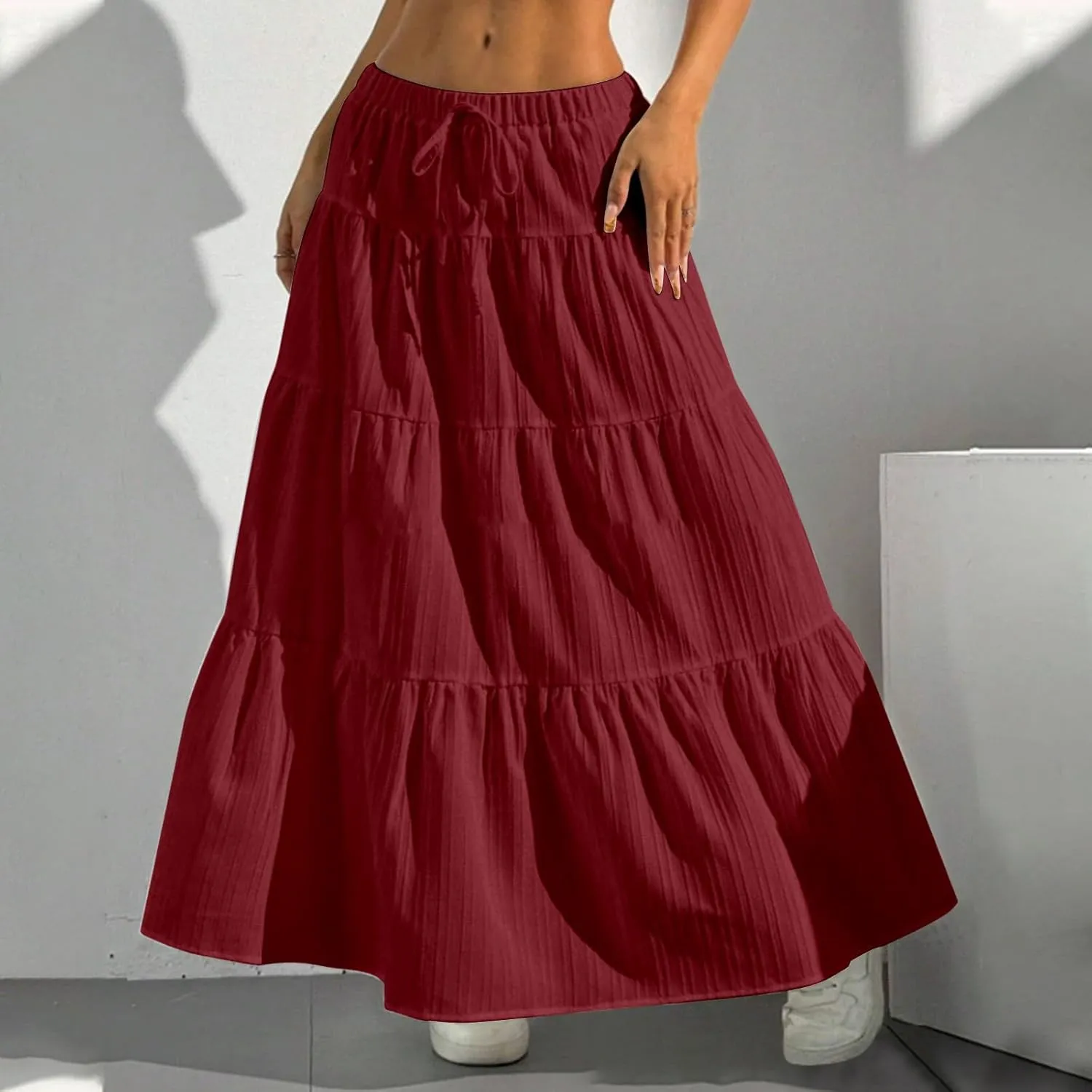 Maxi Skirt for Women 2025 Casual Summer Bohemian Flowy Swing Tiered A-Line Elastic Tie Waist Pleated Long Skirts