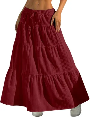 Maxi Skirt for Women 2025 Casual Summer Bohemian Flowy Swing Tiered A-Line Elastic Tie Waist Pleated Long Skirts