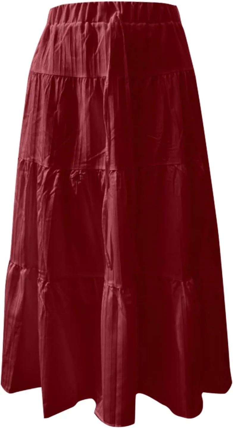 Maxi Skirt for Women 2025 Casual Summer Bohemian Flowy Swing Tiered A-Line Elastic Tie Waist Pleated Long Skirts