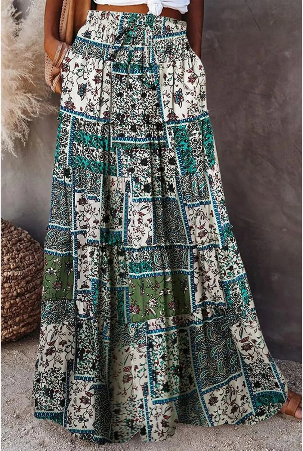 Maxi Skirts for Women Summer Floral Elastic High Waist Drawstring Tropical Skirts Pleated A-Line Tiered Long Skirt