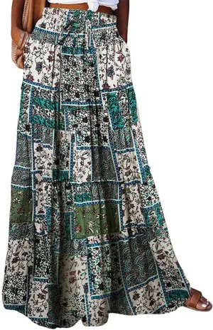 Maxi Skirts for Women Summer Floral Elastic High Waist Drawstring Tropical Skirts Pleated A-Line Tiered Long Skirt