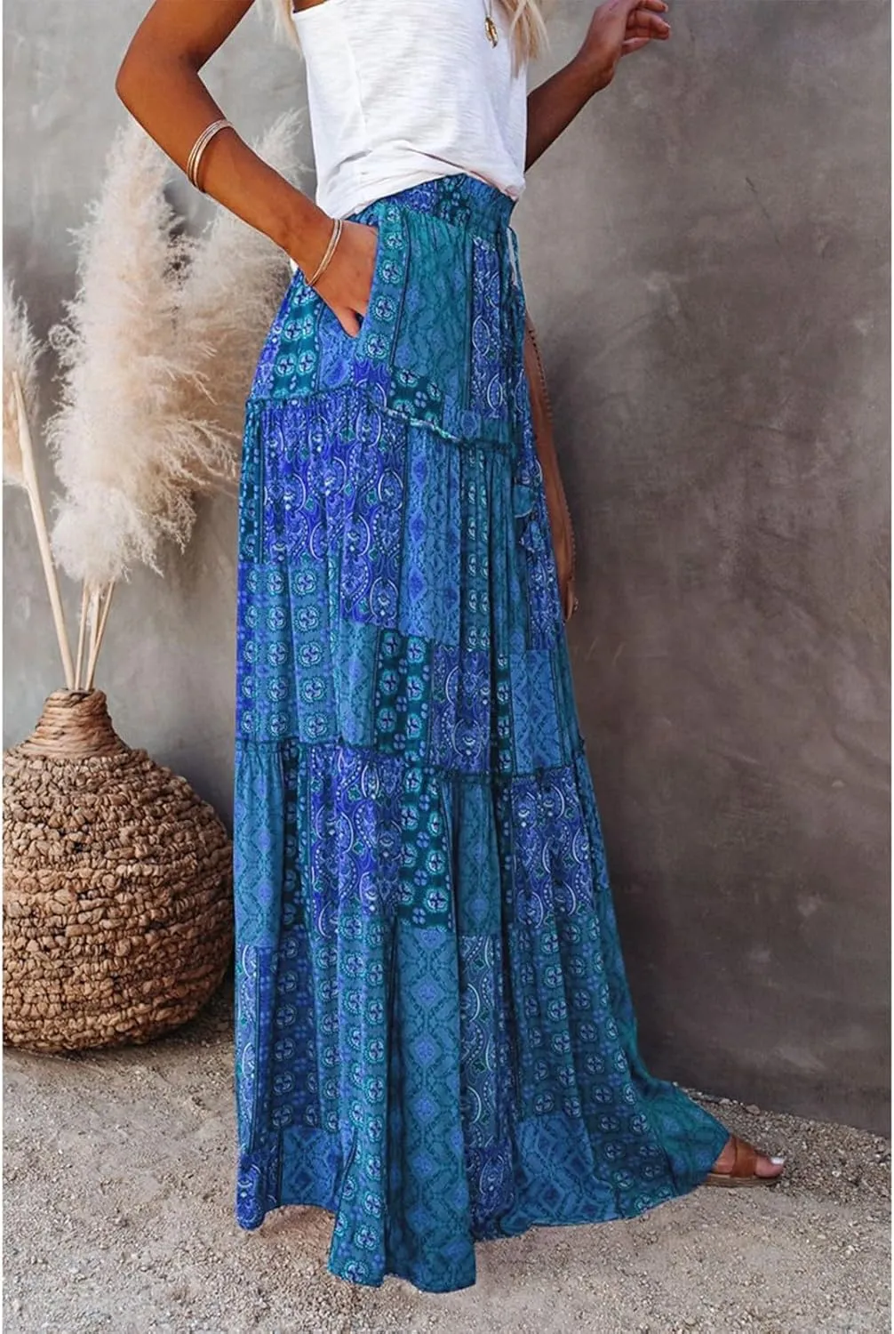 Maxi Skirts for Women,Elastic High Waisted Drawstring Ruffle Hem Bohemian Flowy Skirts Trendy 2025 Summer Vacation