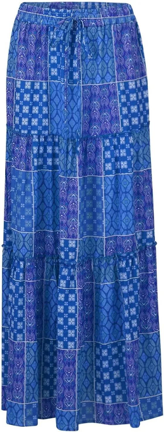 Maxi Skirts for Women,Elastic High Waisted Drawstring Ruffle Hem Bohemian Flowy Skirts Trendy 2025 Summer Vacation