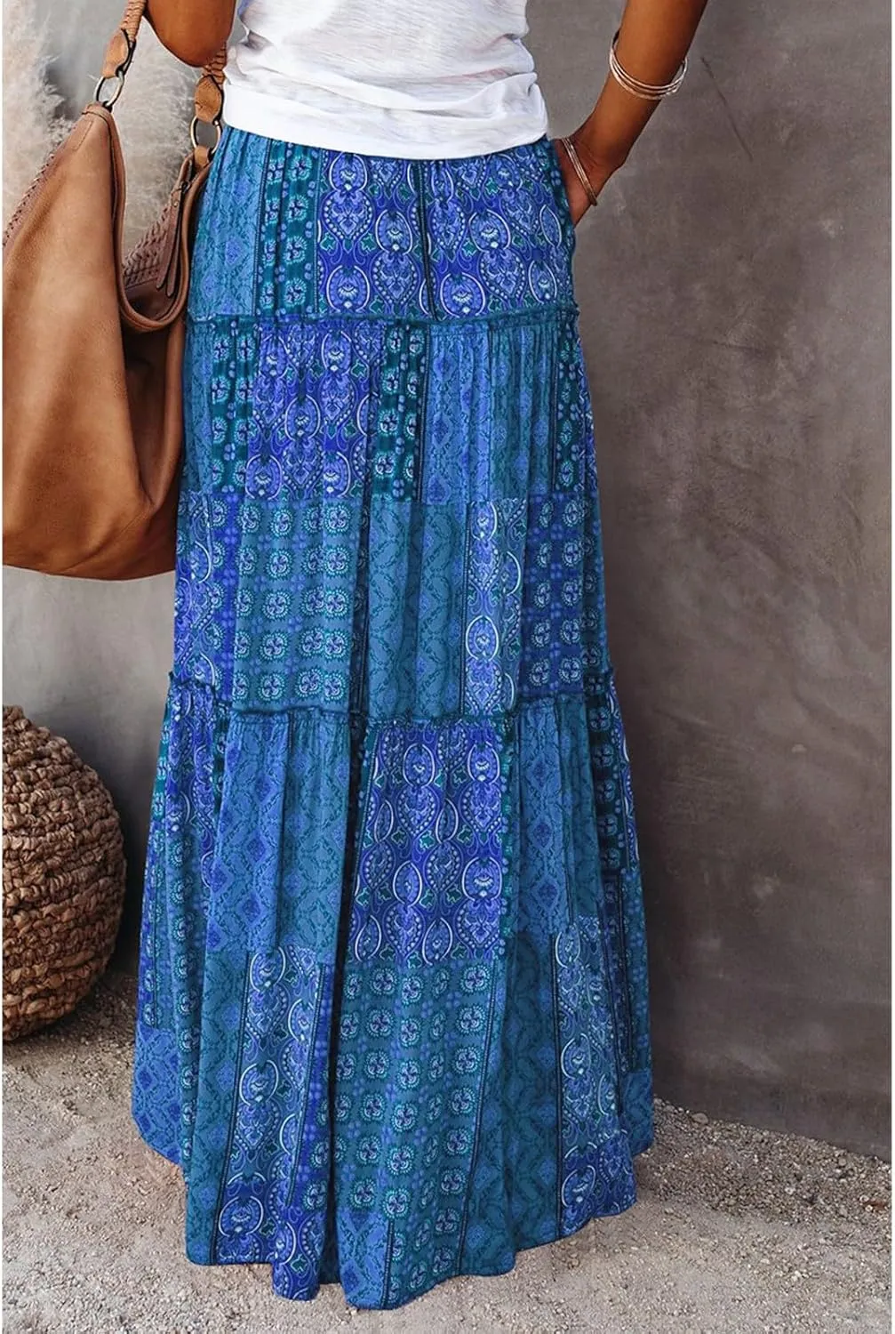 Maxi Skirts for Women,Elastic High Waisted Drawstring Ruffle Hem Bohemian Flowy Skirts Trendy 2025 Summer Vacation