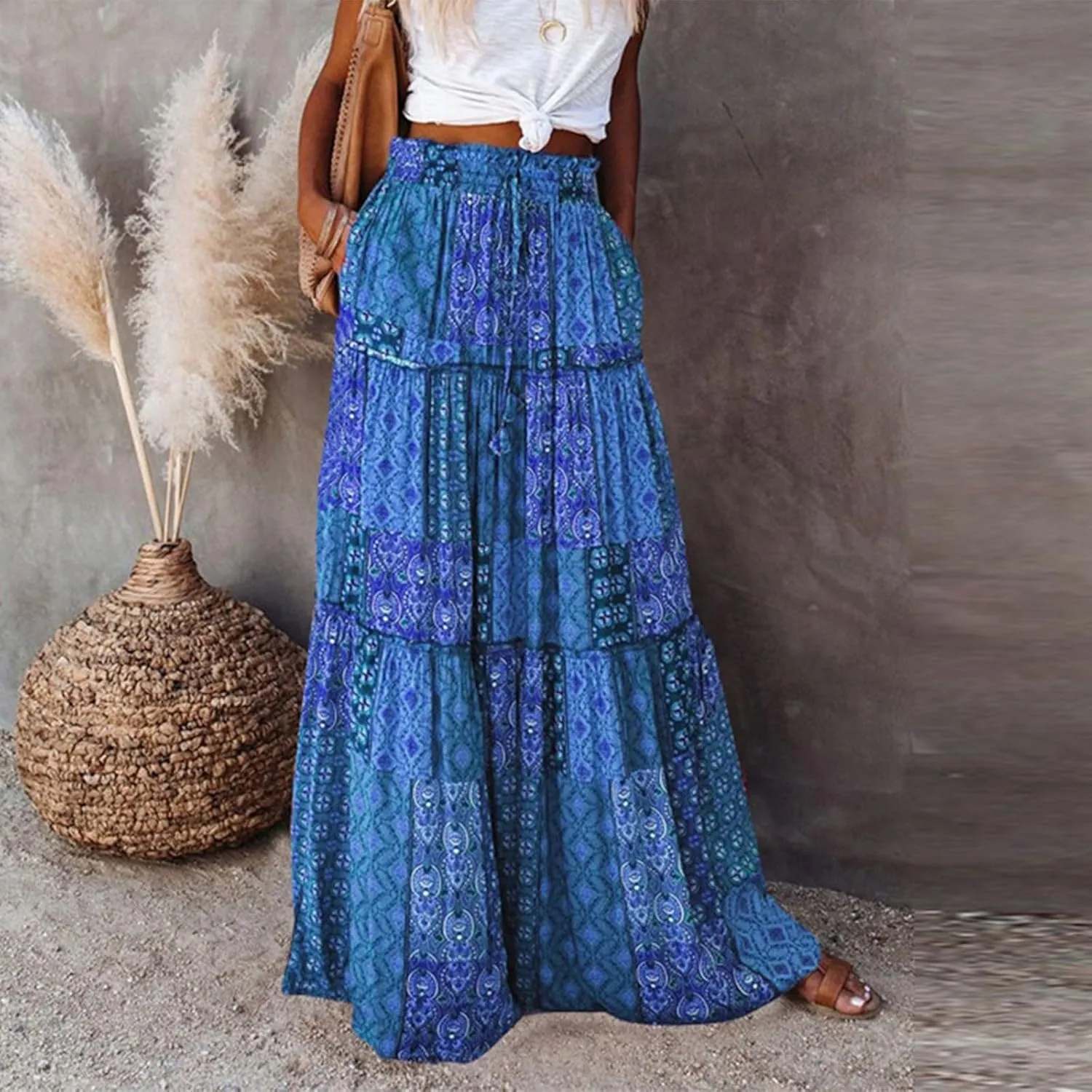 Maxi Skirts for Women,Elastic High Waisted Drawstring Ruffle Hem Bohemian Flowy Skirts Trendy 2025 Summer Vacation